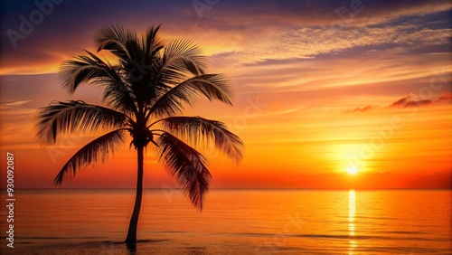 Silhouetted palm tree against orange sunset over calm ocean horizon  palm tree  silhouette  sunset  orange  calm  ocean  horizon