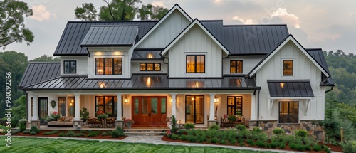 Elegant Two-Story House with Large Windows and Stone Porch