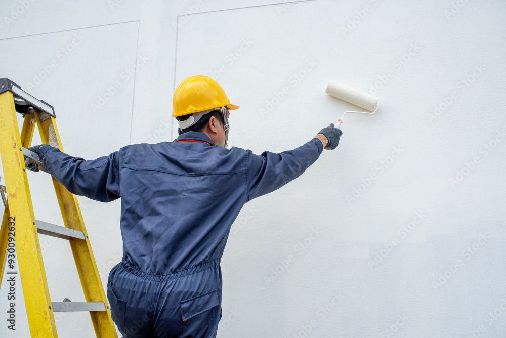 A worker is painting walls with a bucket and roller with a painter at work A worker is painting walls with a bucket and roller with a painter at work