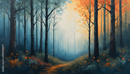 Colorful abstract painting of the forest
