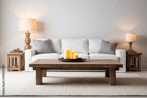 White Sofa with Wooden Coffee Table and Lamps in a Modern Living Room