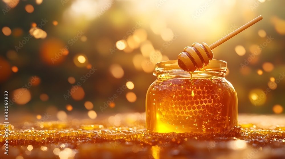 Organic Golden Honey Jar with Honeycomb and Dipper 3D Organic Golden Honey Jar with Honeycomb and Dipper 3D