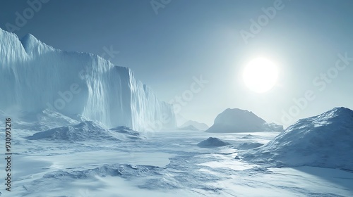 Frozen Landscape with Sun and Ice Cliffs