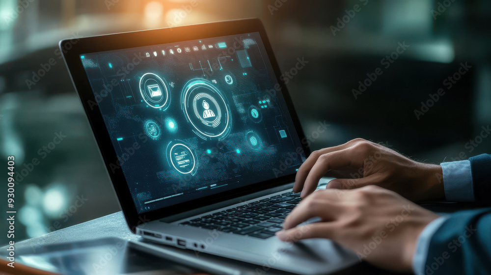 Businessman using a laptop with an incident management icon on the virtual screen, diagnosing and resolving unexpected problems that occur Businessman using a laptop with an incident management icon on the virtual screen, diagnosing and resolving unexpected problems that occur