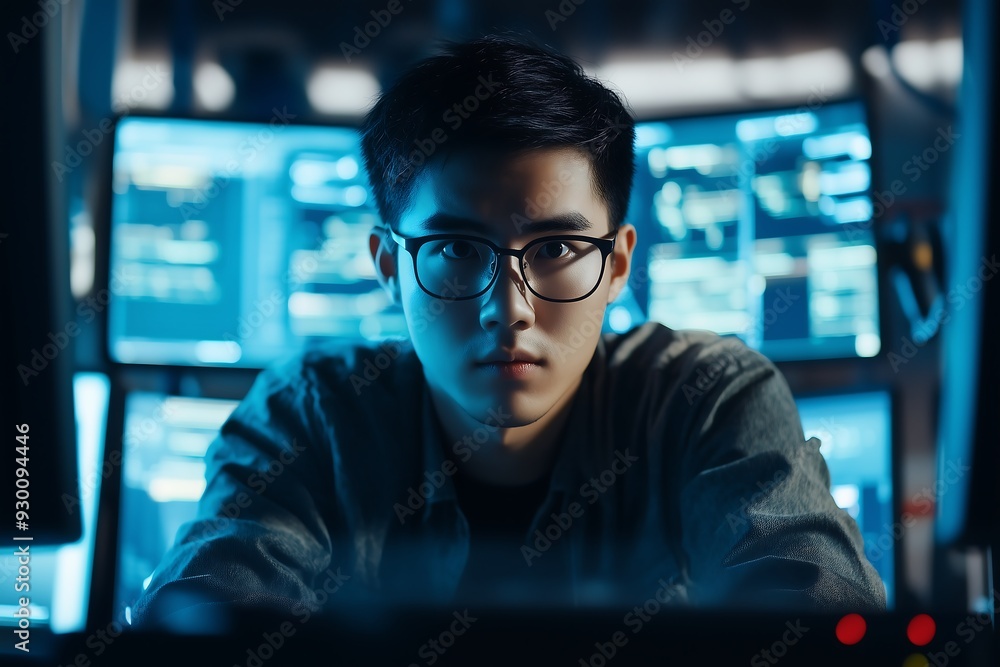 asian young IT Computer specialist analysing artificial intelligence digital threats to consumer data & privacy breach asian young IT Computer specialist analysing artificial intelligence digital threats to consumer data & privacy breach