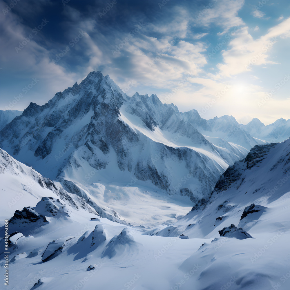 Fototapeta premium A breathtaking winter landscape featuring towering snow-capped mountains under a clear blue sky. The scene captures the pristine beauty of untouched snow and the grandeur of nature.