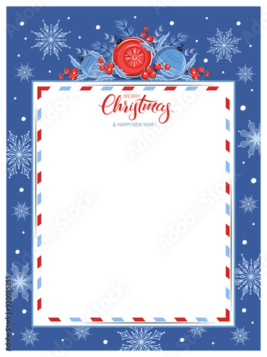 Blank for greeting letters Merry Christmas and Happy New. Templat card with winter plants and snowflakes. Vector illustration