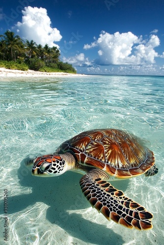 A turtle swimming in a crstal clear ocean at a beach, blue sky  photo