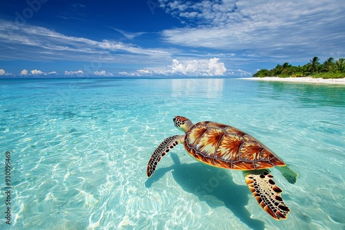 A turtle swimming in a crstal clear ocean at a beach, blue sky  photo