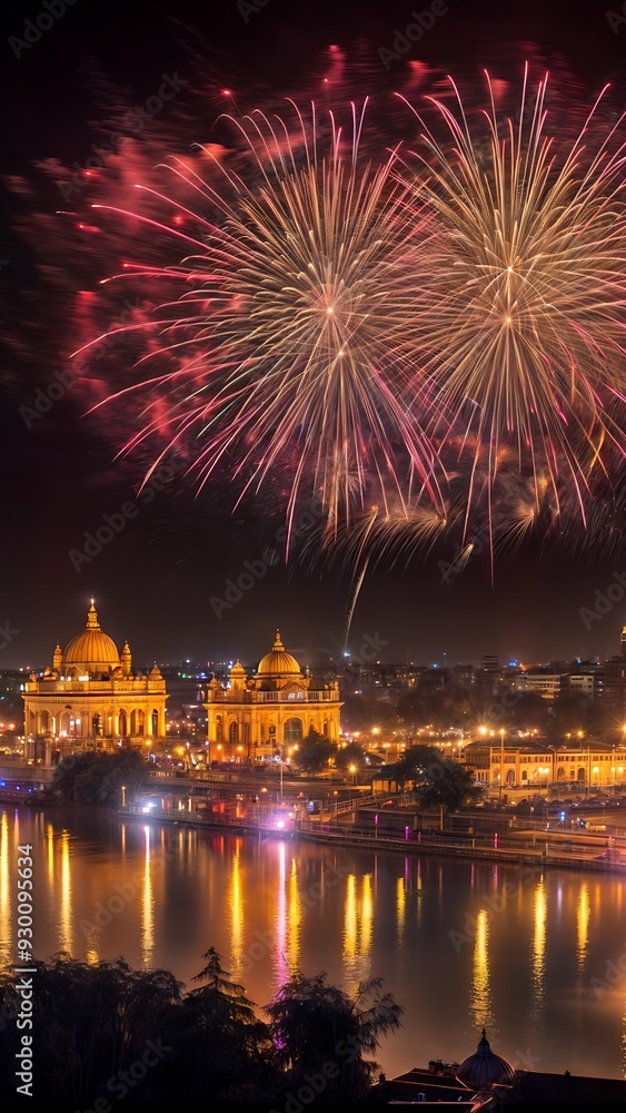 Fototapeta premium vertical background of fireworks over the river on diwali festivity