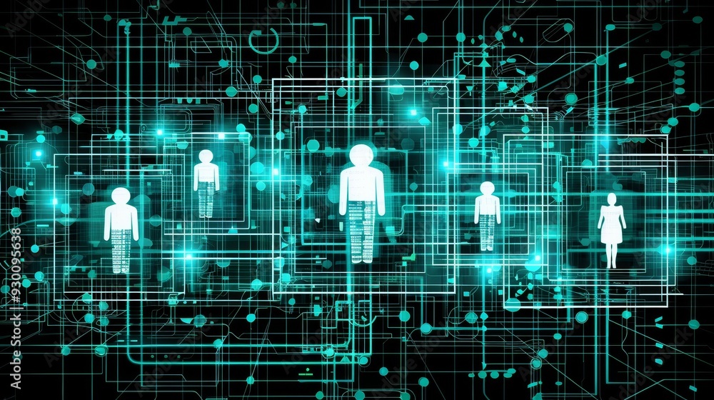 Abstract Illustration of Computer Network with Hand-Drawn User Icons Represented as People in Squares, Symbolizing Digital Connectivity and Online Community Interaction Abstract Illustration of Computer Network with Hand-Drawn User Icons Represented as People in Squares, Symbolizing Digital Connectivity and Online Community Interaction