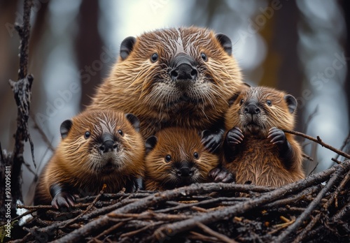 A beaver and her kits working together to gather branches, symbolizing teamwork and learning