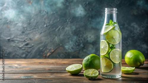 Refreshing drink in a clear bottle with a lime wedge, beer, alcohol, beverage, Mexican, bottle, glass, lime, cold, ice photo