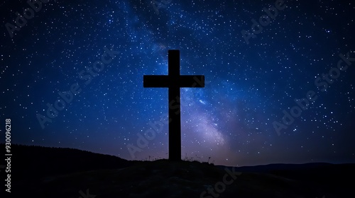 Silhouette of a Cross Against a Starry Night Sky