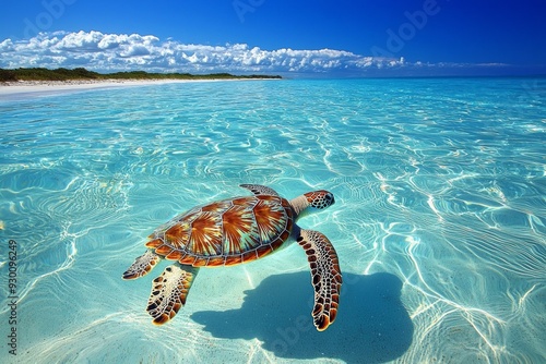 A turtle swimming in a crstal clear ocean at a beach, blue sky  photo