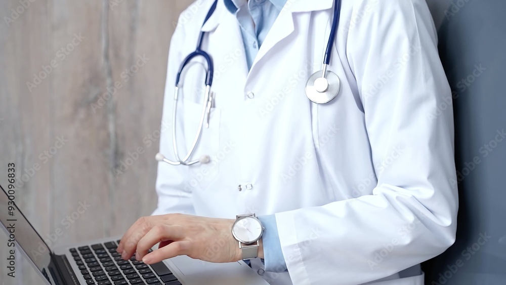 Doctor at work. Unrecognizable medical professional using laptop computer for healthcare research showcasing modern medical technology, close up Doctor at work. Unrecognizable medical professional using laptop computer for healthcare research showcasing modern medical technology, close up