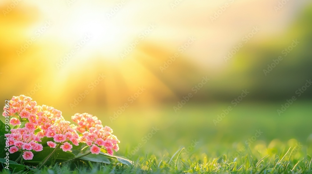 Obraz premium A beautiful cluster of pink flowers basking in the warm glow of sunrise, set against a tranquil green landscape.