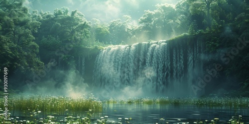 Serene River Scene with Waterfall