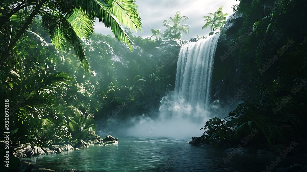 Lush Jungle Waterfall with Misty Pool Lush Jungle Waterfall with Misty Pool