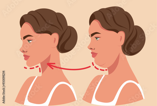 A woman's face before and after losing weight. Double chin facelift Taping. Woman's beautiful face before and after facelift. Vector illustration for advertising, website, banner, posters, cover