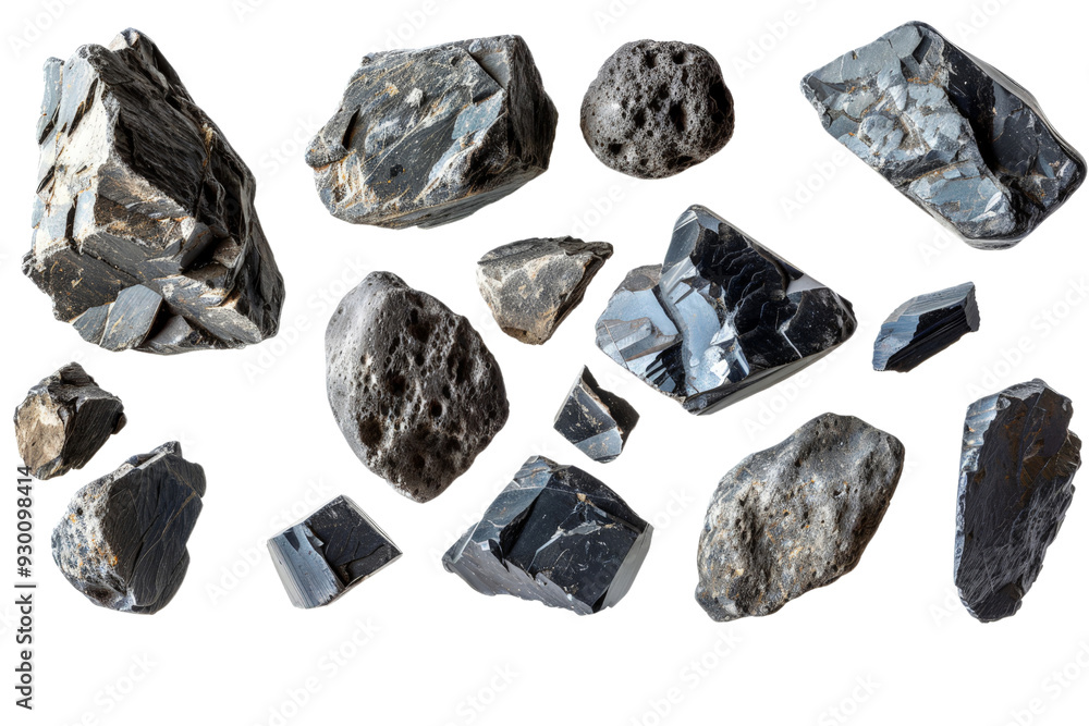 Asteroids and meteorites isolated on a white background, showcasing various sizes and shapes of space rocks in a clean and clear presentation Asteroids and meteorites isolated on a white background, showcasing various sizes and shapes of space rocks in a clean and clear presentation