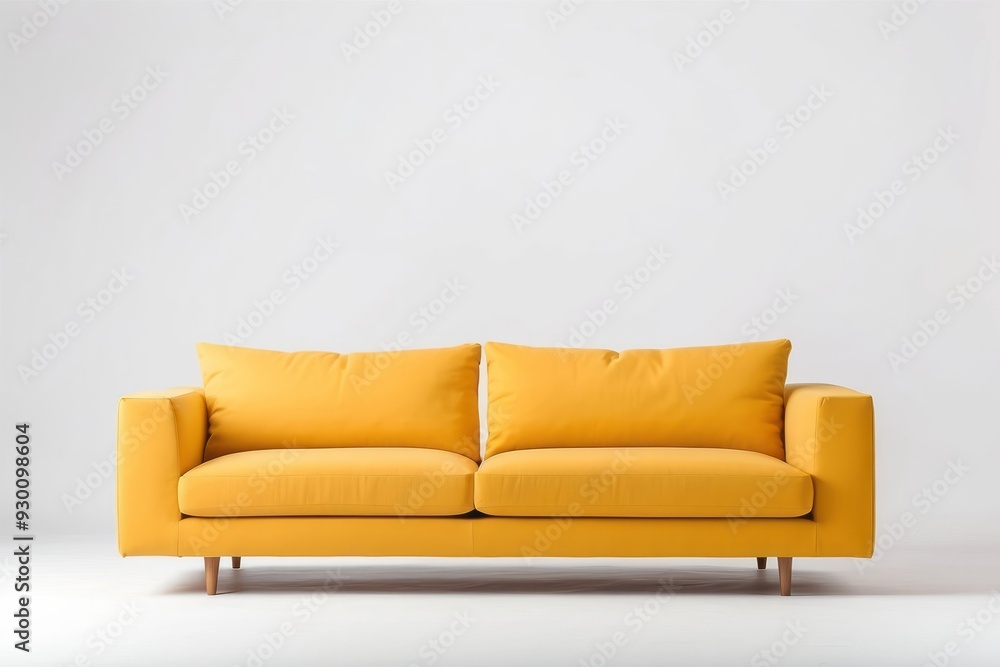 Yellow Sofa with Wooden Legs Against a White Background Yellow Sofa with Wooden Legs Against a White Background