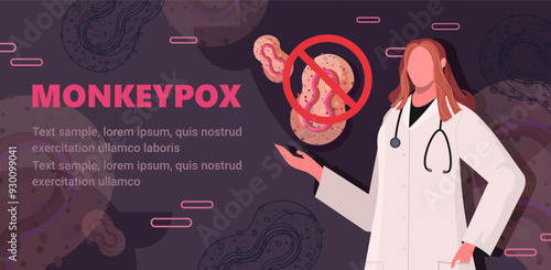 Monkeypox virus. Female doctor in white medical uniform presenting a Monkeypox virus. New cases of Monkeypox virus are reported in Europe and USA. Virus epidemic outbreak. Not AI generated