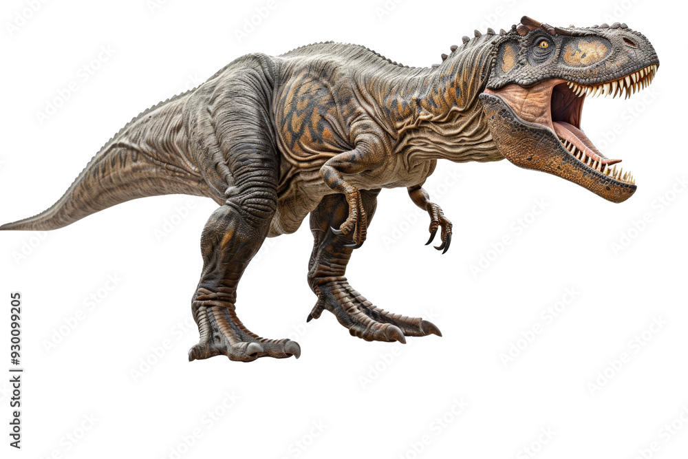 Naklejka premium Carcharodontosaurus isolated on a white background, showcasing its impressive size and detailed features with emphasis on its powerful jaws and sharp teeth