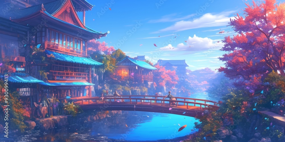 Fototapeta premium Enchanting Japanese Fantasy Landscape: Anime-Inspired Digital Art for Tourism and Storytelling. Mesmerizing Blend of Traditional Architecture and Magical Elements. Perfect for UI Design, Web Marketing