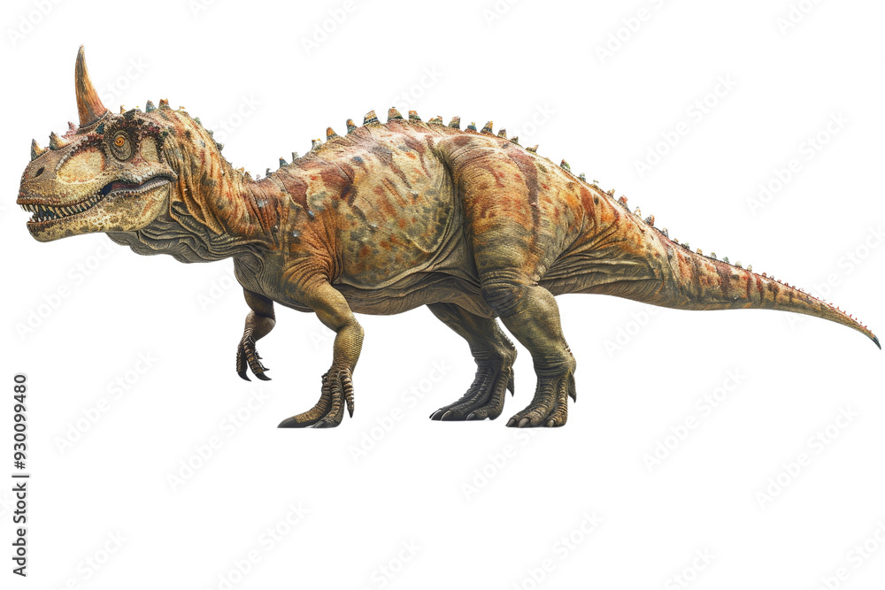 Carnotaurus dinosaur illustration, isolated on a white background, showcasing its unique horn structure, muscular body, and distinctive skin pattern Carnotaurus dinosaur illustration, isolated on a white background, showcasing its unique horn structure, muscular body, and distinctive skin pattern
