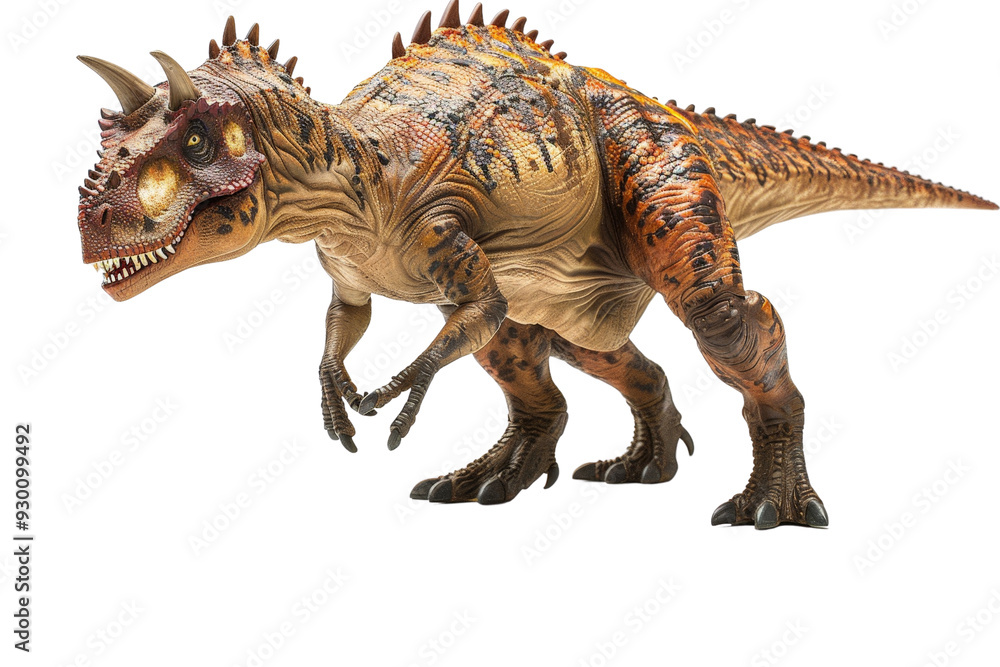 Carnotaurus dinosaur figure, set against a clean white background, showcasing its distinctive appearance with horned head and muscular build Carnotaurus dinosaur figure, set against a clean white background, showcasing its distinctive appearance with horned head and muscular build