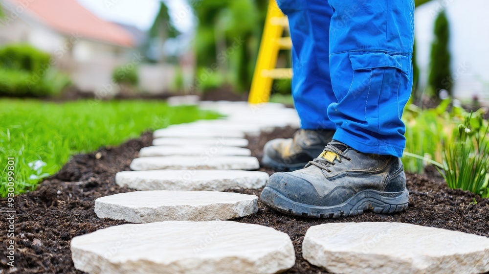 A gardener walks on stone pathway stones in a landscaped yard, illustrating the process of outdoor home improvement. A gardener walks on stone pathway stones in a landscaped yard, illustrating the process of outdoor home improvement.