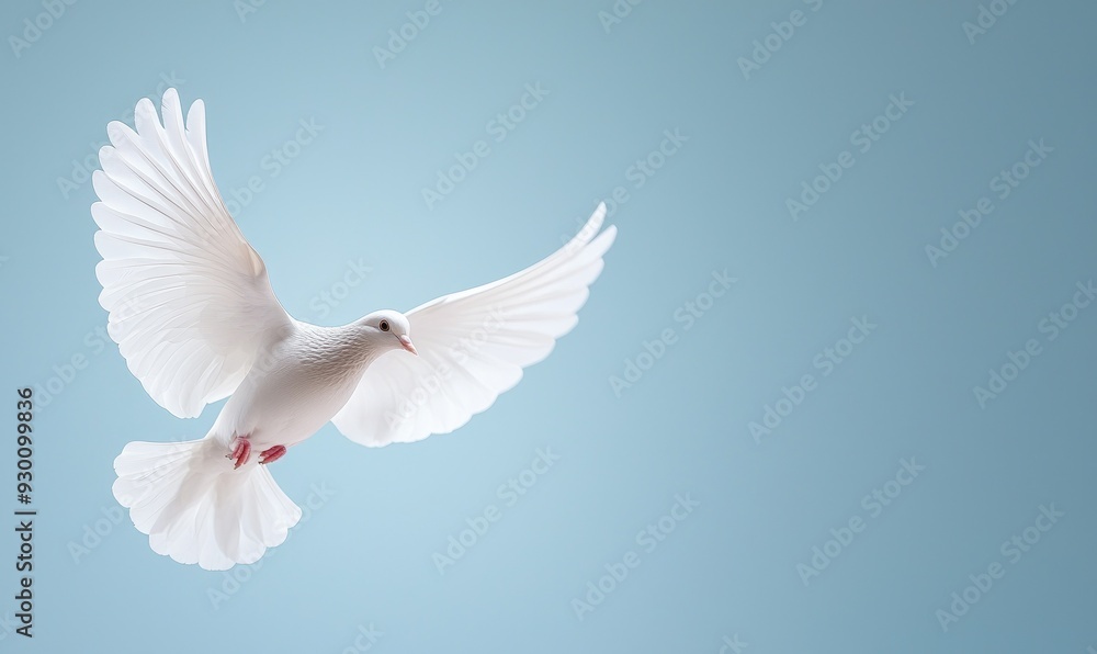 Fototapeta premium A graceful white dove in mid-flight, symbolizing peace and freedom against a soft blue background.