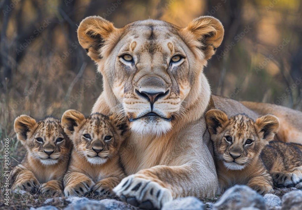 A lioness lying protectively with her cubs, displaying the fierce yet tender nature of maternal instincts A lioness lying protectively with her cubs, displaying the fierce yet tender nature of maternal instincts