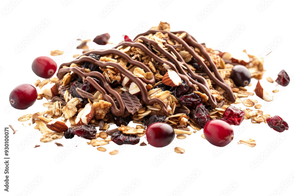Cereal granola muesli with dark chocolate drizzle, with cranberries, walnuts, and nut berries scattered around, isolated on a pristine white background Cereal granola muesli with dark chocolate drizzle, with cranberries, walnuts, and nut berries scattered around, isolated on a pristine white background