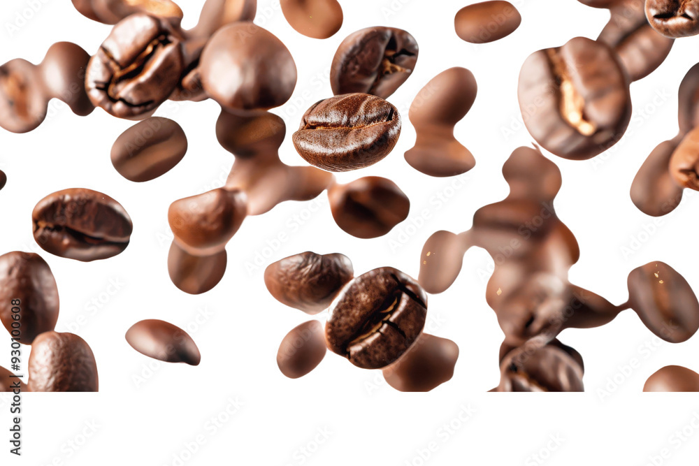 Close-up of a multitude of brown coffee beans in mid-air, isolated on a white background, showcasing their glossy appearance and natural tones Close-up of a multitude of brown coffee beans in mid-air, isolated on a white background, showcasing their glossy appearance and natural tones