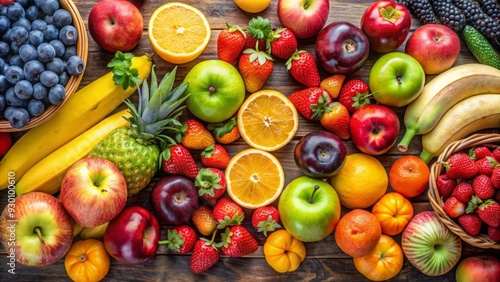 Assortment of fresh, colorful fruits including apples, bananas, berries, oranges, and grapes, fresh, colorful, fruits, apples