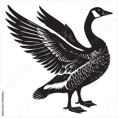 Canada goose Silhouette,  Branta Canadensis Duck Clipart, Canada Goose flapping Illustration black and white 