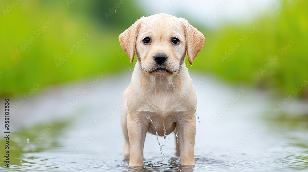 A playful puppy stands in shallow water, surrounded by lush greenery, exuding innocence and curiosity on a sunny day. A playful puppy stands in shallow water, surrounded by lush greenery, exuding innocence and curiosity on a sunny day.