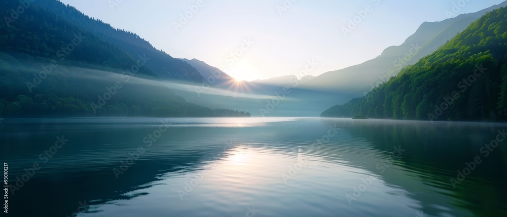 A large lake nestled between mountains, surrounded by a forest teeming with verdant trees on each side A large lake nestled between mountains, surrounded by a forest teeming with verdant trees on each side