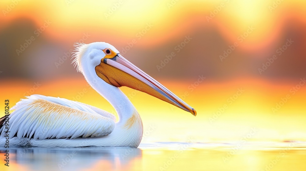 A serene pelican gliding on water at sunset, showcasing its elegant body and vibrant colors against a dreamy background. A serene pelican gliding on water at sunset, showcasing its elegant body and vibrant colors against a dreamy background.