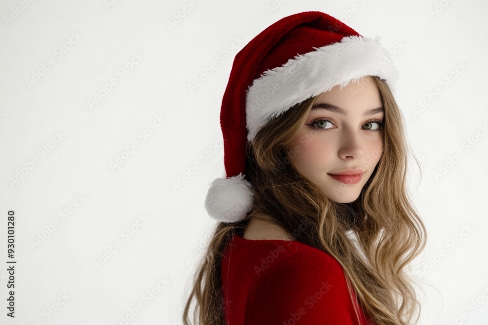 photo of beautiful woman in a Santa Claus hat posing on a white background photo of beautiful woman in a Santa Claus hat posing on a white background