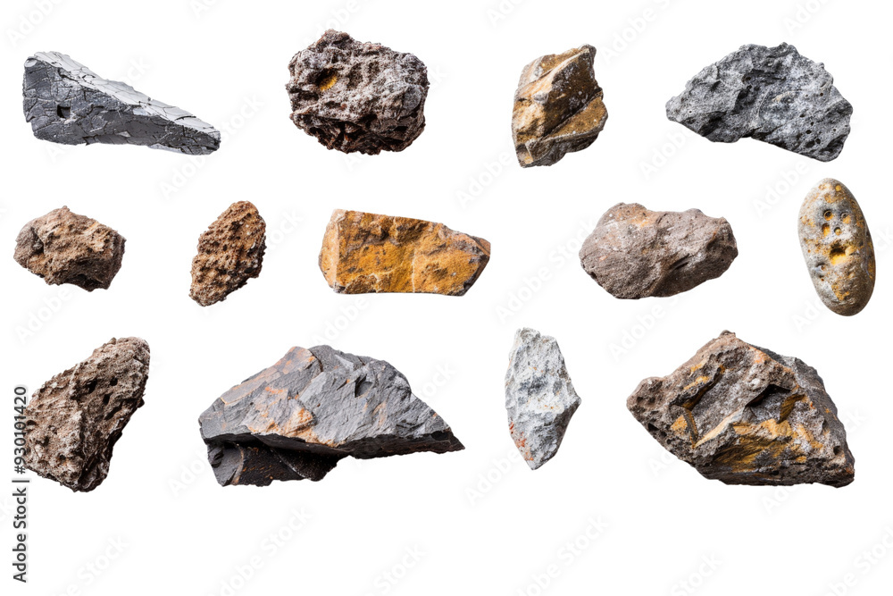 Array of asteroids and meteorites isolated on a white background, presenting their different shapes and surface details in a straightforward composition Array of asteroids and meteorites isolated on a white background, presenting their different shapes and surface details in a straightforward composition