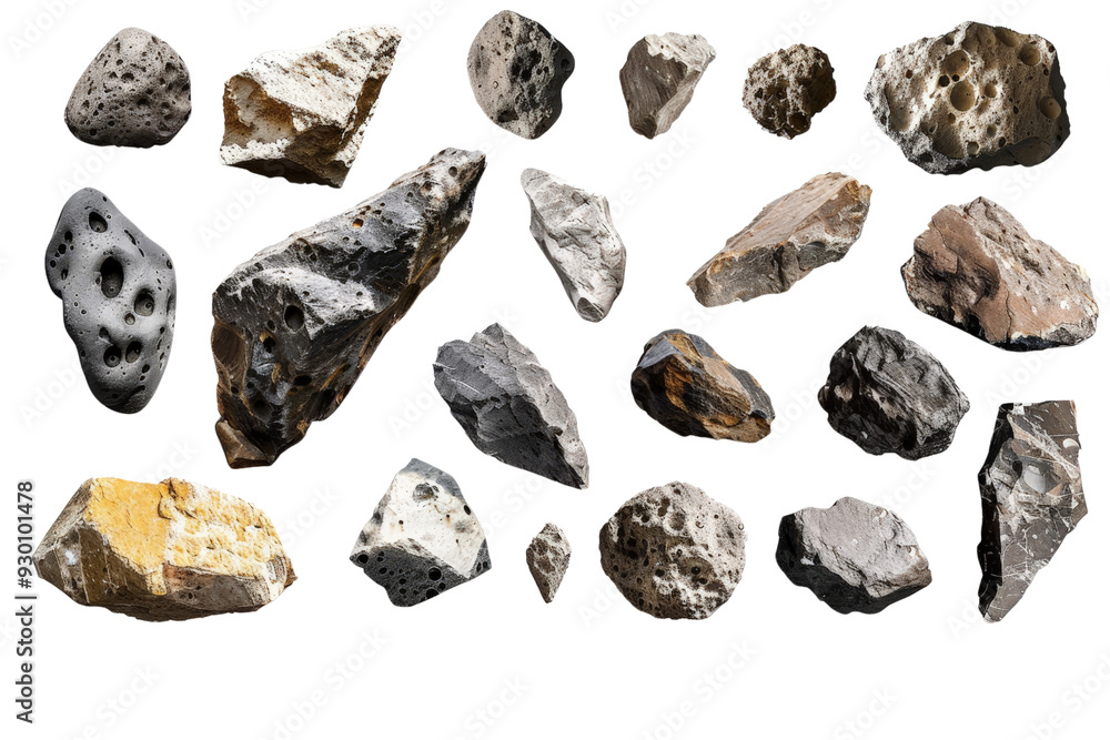 Array of asteroids and meteorites isolated on a white background, presenting their different shapes and surface details in a straightforward composition Array of asteroids and meteorites isolated on a white background, presenting their different shapes and surface details in a straightforward composition