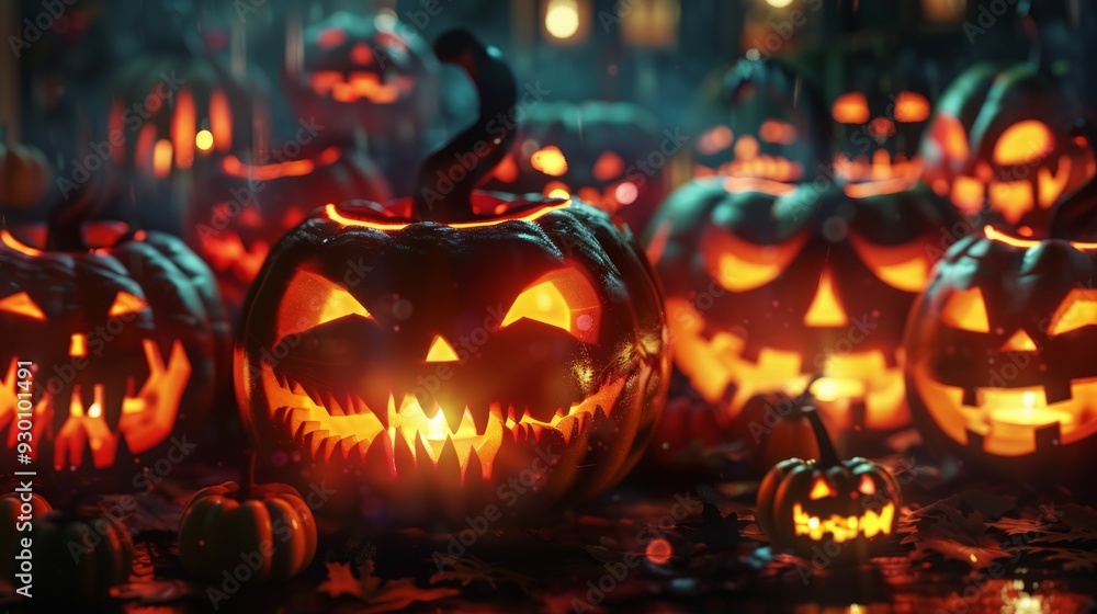 A group of halloween lanterns are gathered together, each with a glowing face. A group of halloween lanterns are gathered together, each with a glowing face.