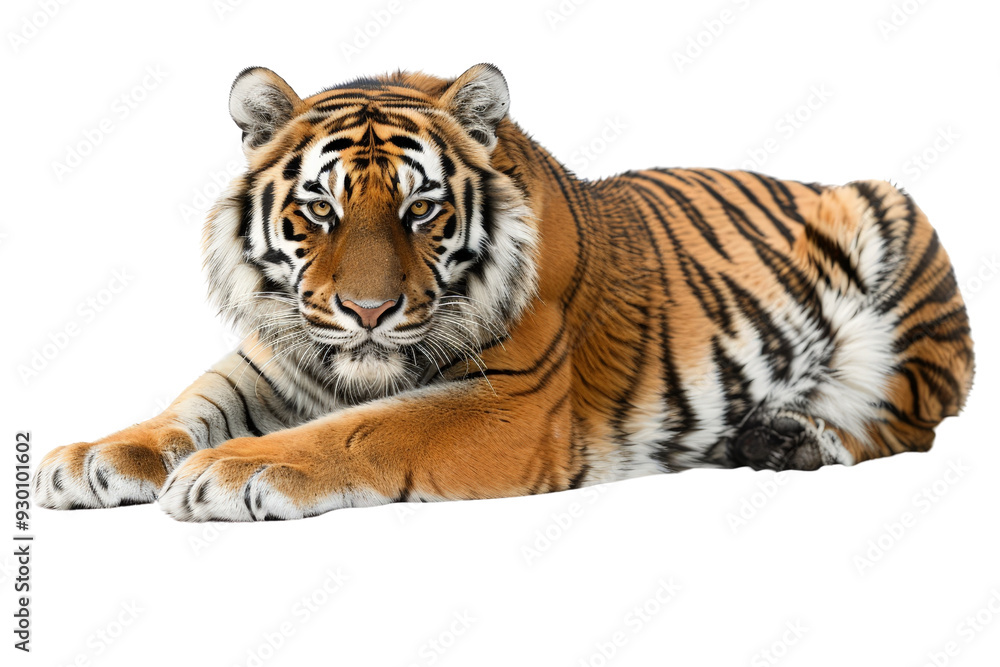 Fototapeta premium Asian Bengal tiger with a penetrating gaze, looking at the camera, isolated on a white background, featuring its striking orange and black fur in vivid detail