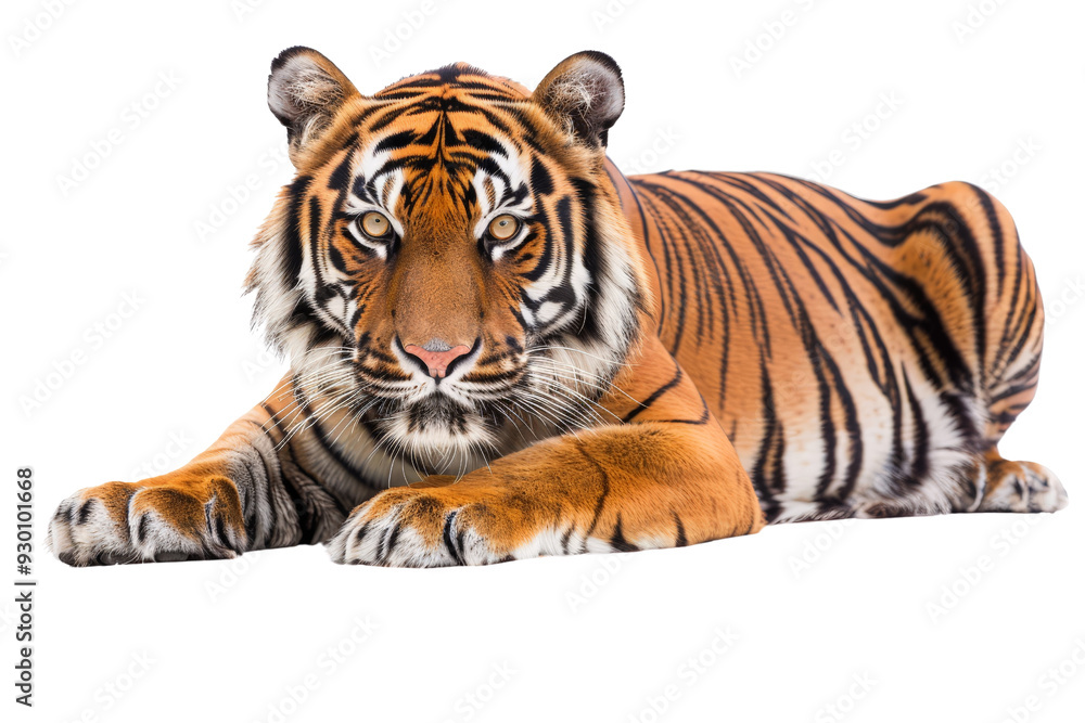 Obraz premium Asian Bengal tiger with a penetrating gaze, looking at the camera, isolated on a white background, featuring its striking orange and black fur in vivid detail