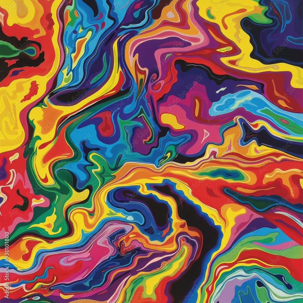Abstract, vibrant pattern with flowing, wave-like shapes. The colors are intense and psychedelic Abstract, vibrant pattern with flowing, wave-like shapes. The colors are intense and psychedelic