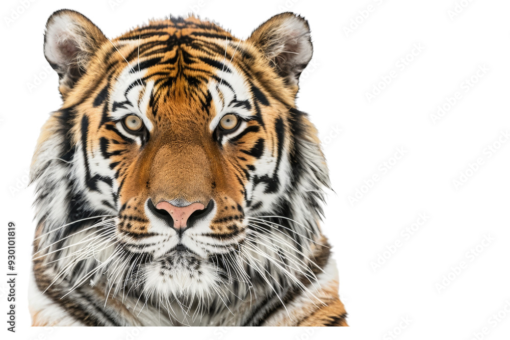 Fototapeta premium Asian Bengal tiger's face in a detailed close-up, looking straight at the camera, isolated on a white background, capturing its fierce expression and elegant markings