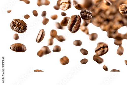 Assorted brown coffee beans in flight, separated on a white background, showcasing their rich color and natural texture as they fall to the ground